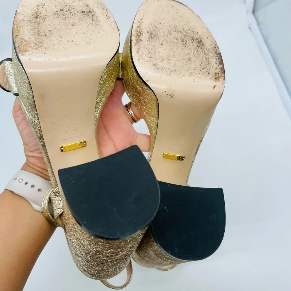 Gucci Galassia Metallic Gold leather GG Marmont ankle strap block heels 40.5